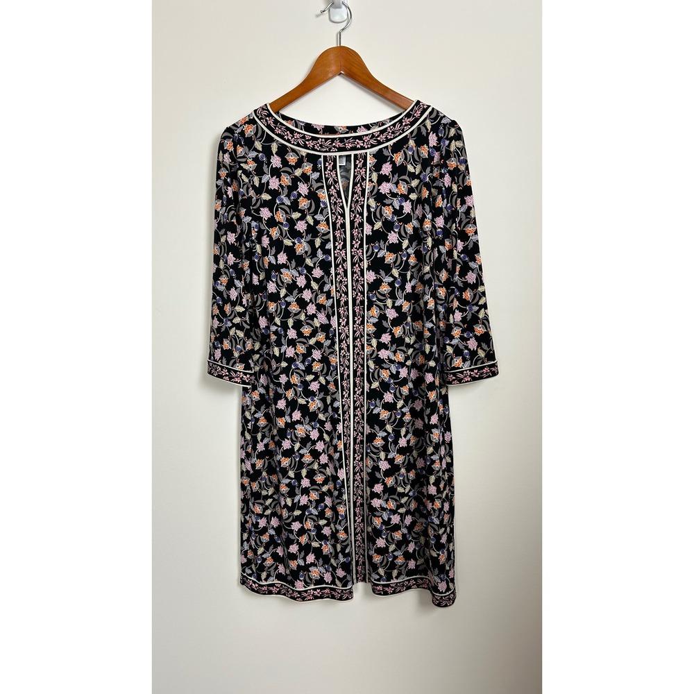 Wisp Jersey Shift Dress‎ Womens Size 12 Black Floral 3/4 Sleeve Stretch